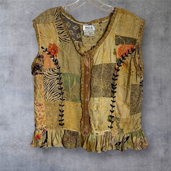 MSAS Y2K Patchwork Embroidered Top Womens L  Ruffle Hem Boho Hippie Festival 90s - Picture 2 of 9